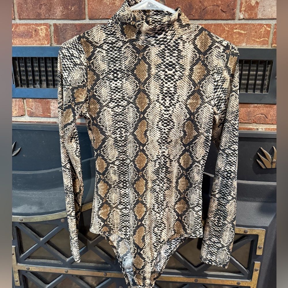 Snakeskin Print Long Sleeve Bodysuit with Button Clasp